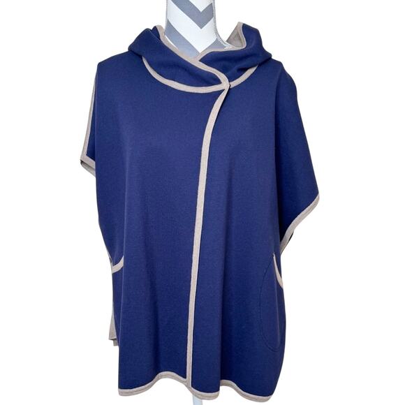 Double R Double Faced Silk/ Cashmere Poncho Navy Camel Size M - Picture 12 of 12